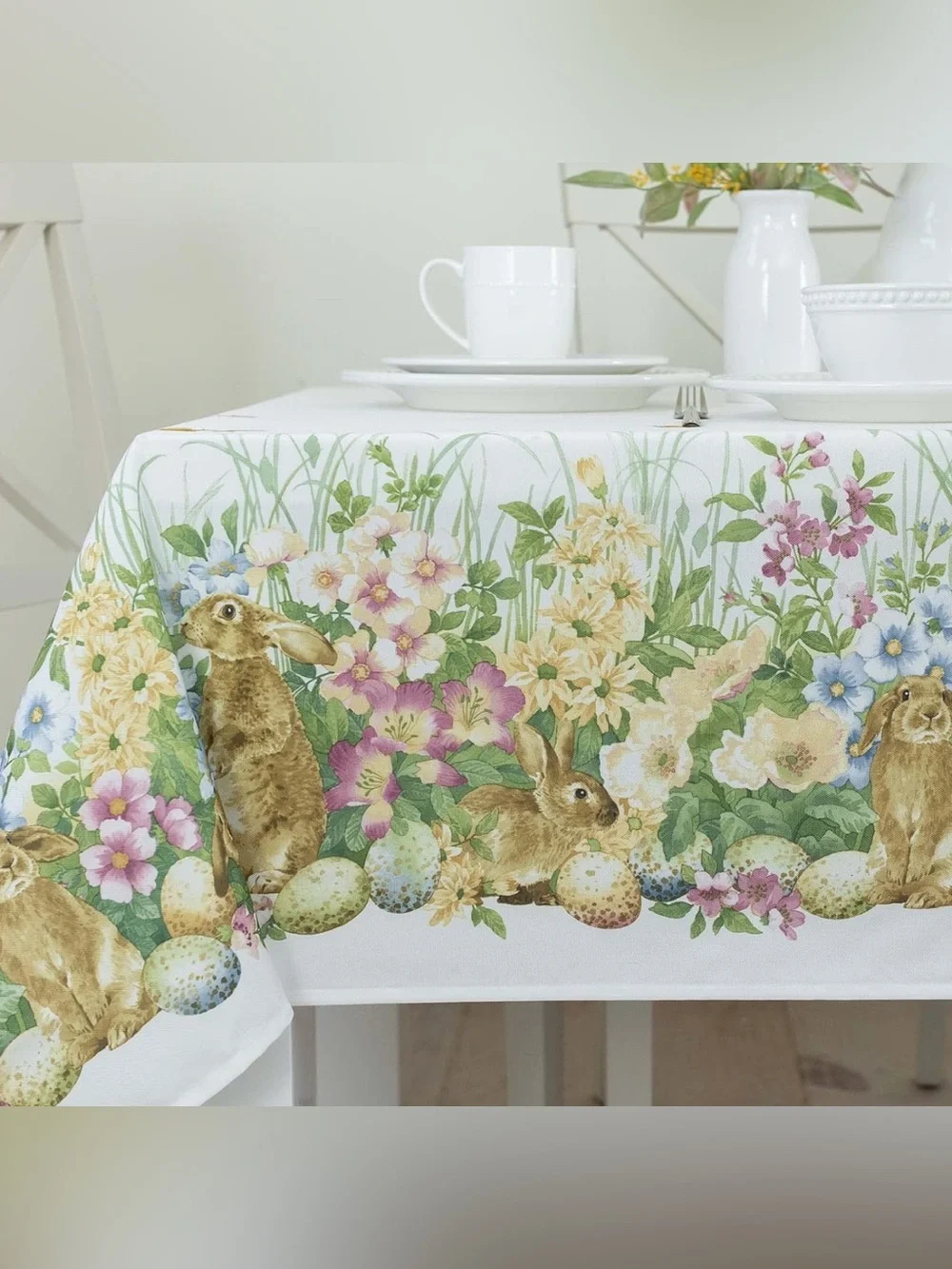 Benson Mills Blooming Bunnies Heavyweight Fabric Easter Tablecloth 60 x 84